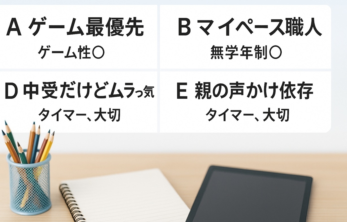 勉強ぎらいな小学生を6タイプに分けた通信教育の早見表イメージ