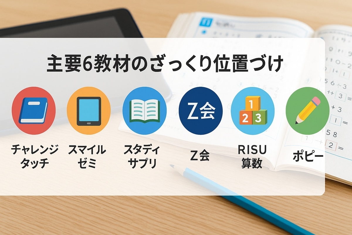 チャレンジタッチやスマイルゼミなど主要6つの通信教育教材を並べた比較イメージ