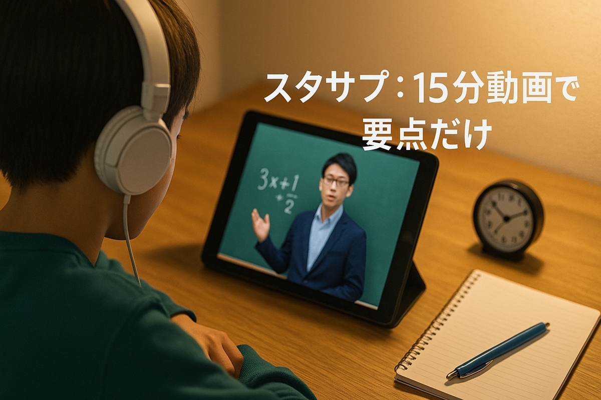 スタディサプリ風の動画授業を15分だけ視聴している小学生のイメージ