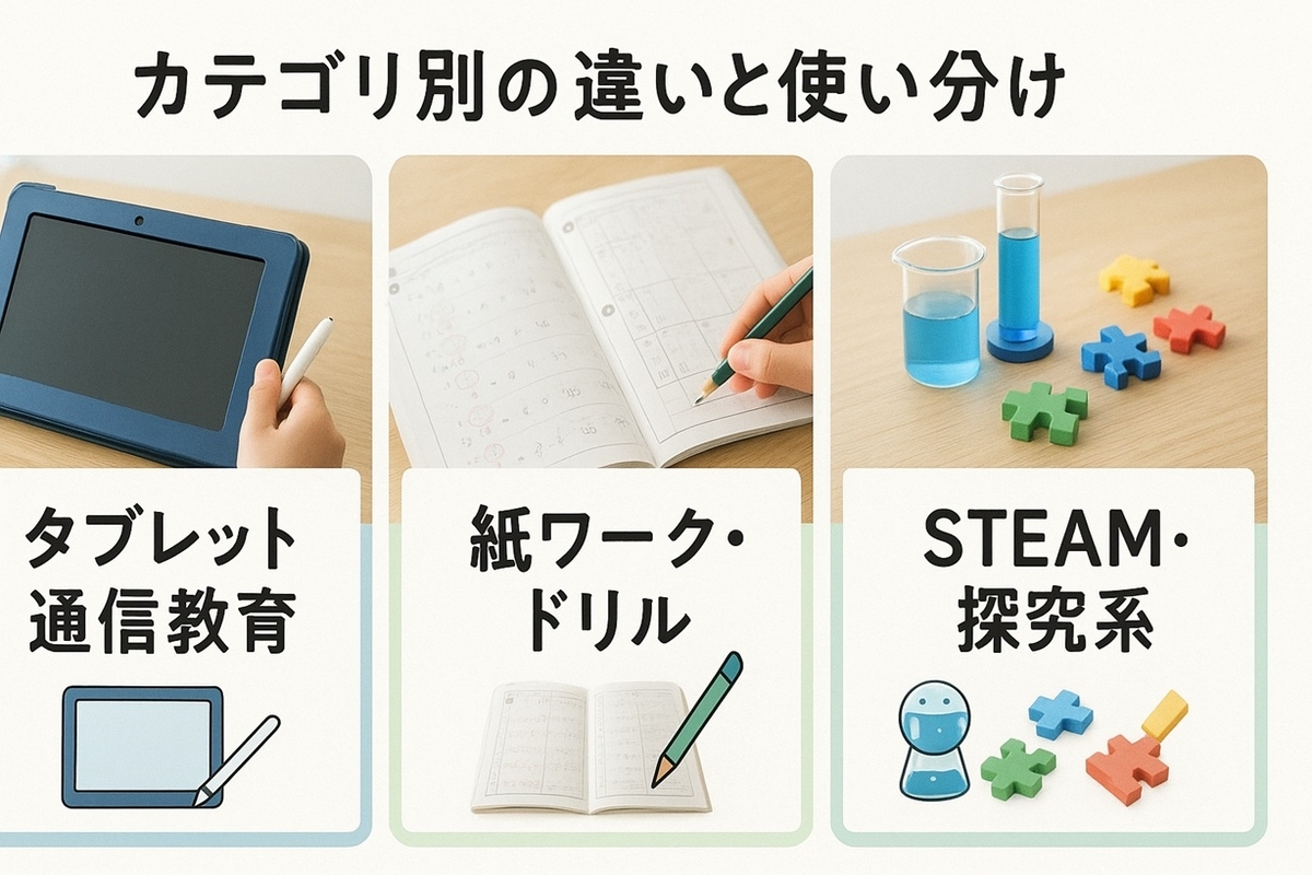 タブレット通信教育・紙ワーク・STEAM教材の違いと特徴を3列で示したイメージ