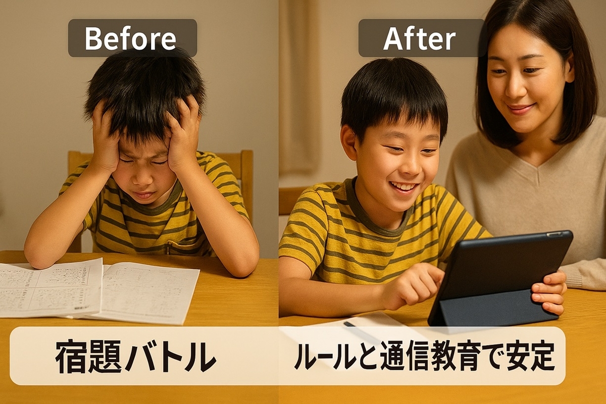 宿題バトルから通信教育と家庭の仕組みで立て直したBefore Afterのイメージ