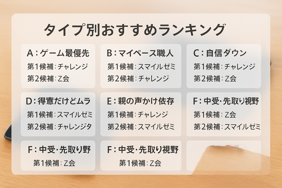 勉強ぎらい6タイプごとのおすすめ通信教育をまとめたマトリクス表のイメージ