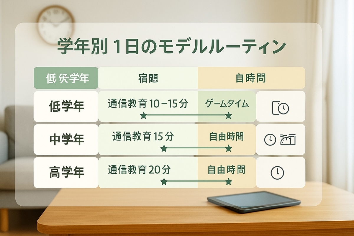 低学年・中学年・高学年の1日のモデルルーティンを示したタイムライン風イメージ