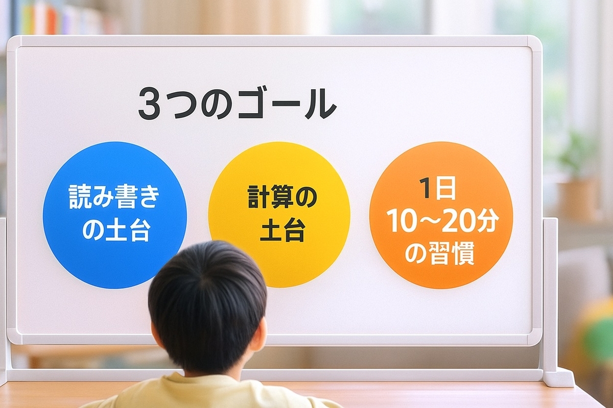 小1・小2で目指す読み書き・計算・1日10〜20分の学習習慣という3つのゴールをホワイトボードに示したイメージ