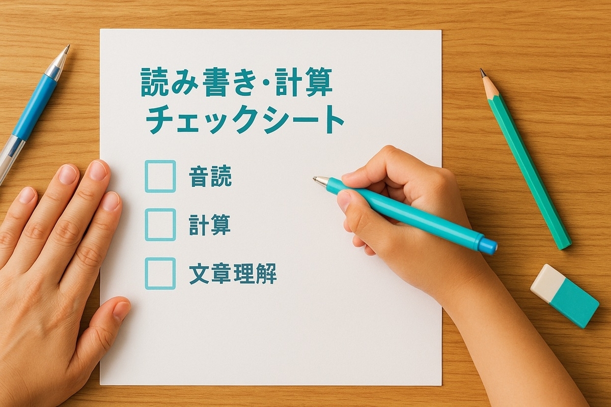 読み書きと計算の状態を確認するチェックシートとペンがテーブルに置かれ、小1・小2の子どもと保護者が一緒にチェックしている様子