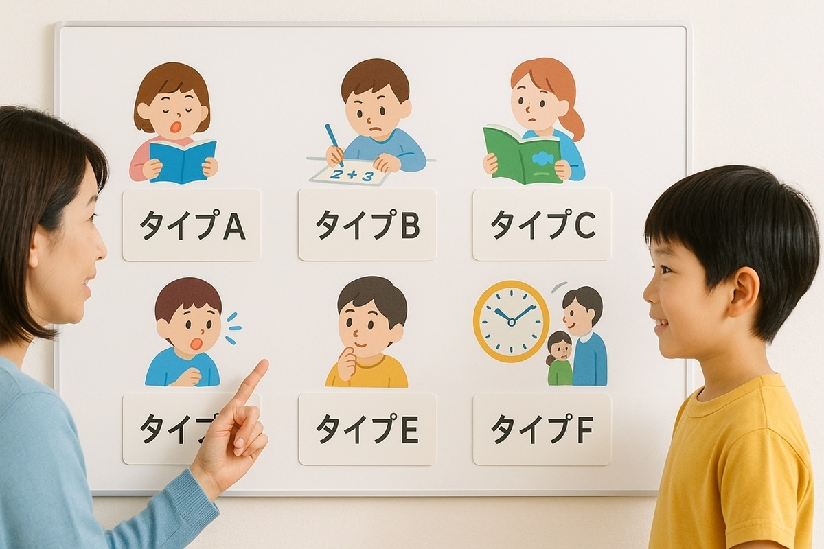 小1・小2の学び方を6タイプに分けたボードを親子が一緒に見ている様子