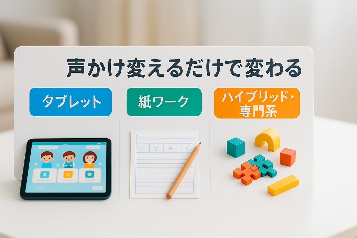 タブレット教材・紙ワーク・パズルなどの専門系教材がテーブルの上に並び、それぞれの役割の違いをイメージしやすくした写真