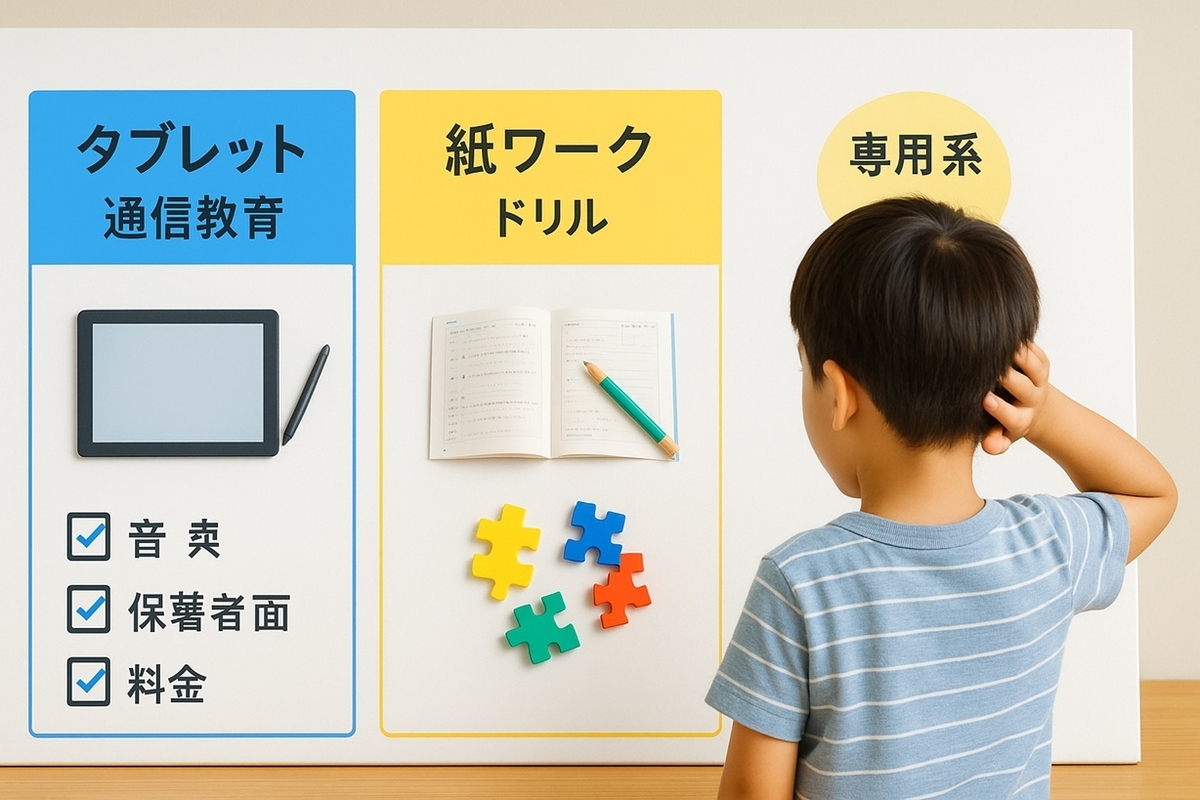 小1・小2向けの通信教育をタブレット・紙ワーク・専門系の3カテゴリに分けてボード上で整理しているイメージ