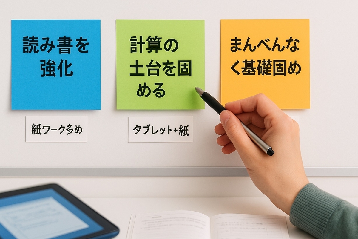 読み書き強化・計算の土台づくり・まんべんなく基礎固めという3つの目的ごとに、通信教育の選び方をボードで整理しているイメージ