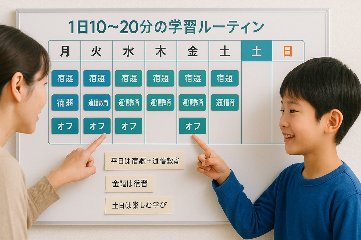 小1・小2の子どもと保護者が、1日10〜20分の学習ルーティンと1週間の予定が書かれたカラフルなボードを一緒に確認している様子