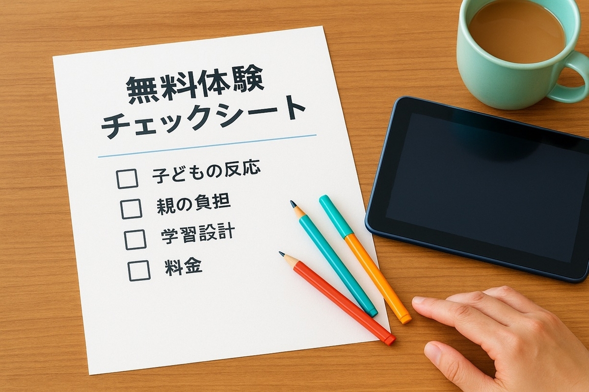 通信教育の無料体験を評価するためのチェックシートとタブレット、カラフルなペンがテーブルに置かれている様子
