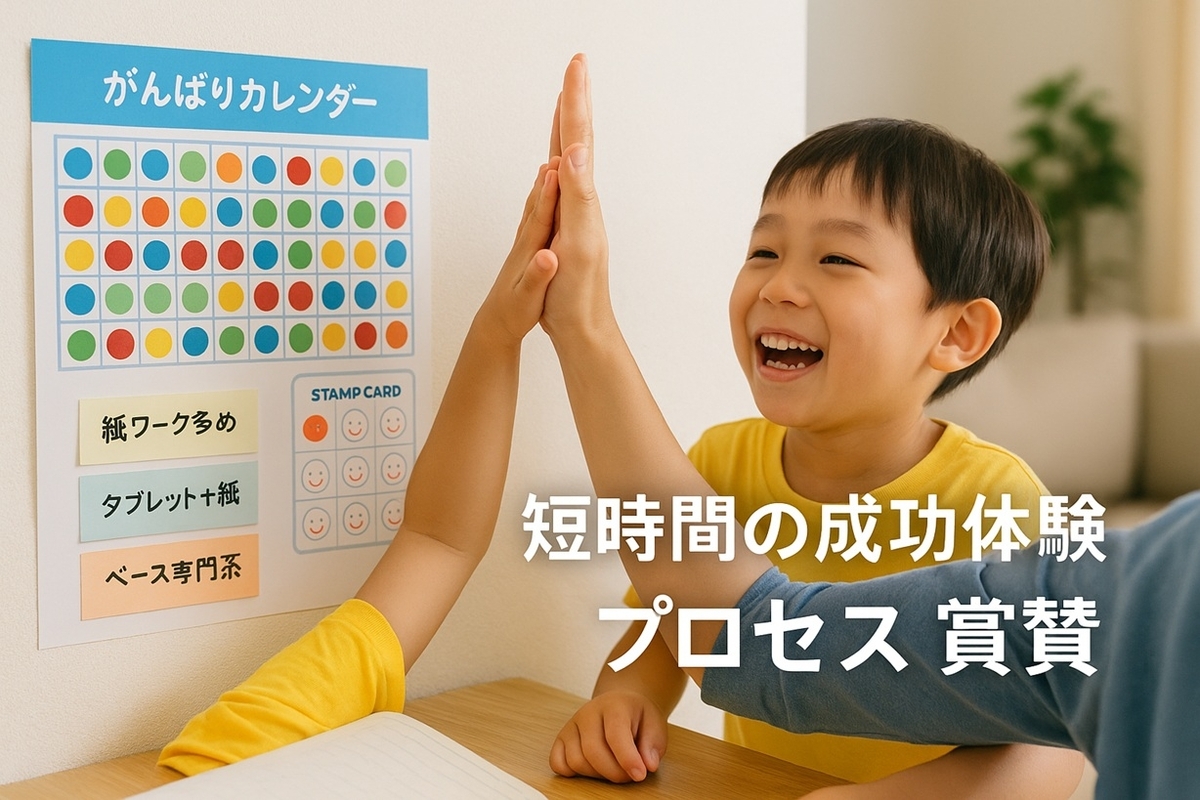 小1・小2の子どもが、がんばりカレンダーのシール表の前で保護者とハイタッチし、短時間の学習成功体験を喜んでいる様子