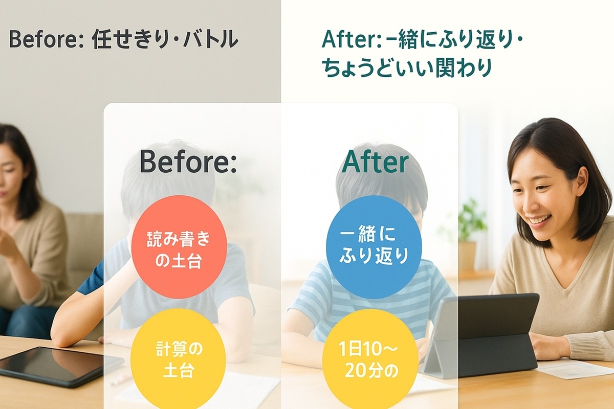タブレット任せきりで勉強が進まないBeforeの様子と、親子で短く一緒にふり返るAfterの様子を対比したイメージ