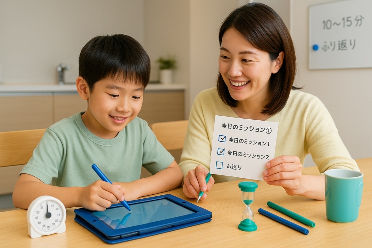 タイマーとチェックリストを使い、10〜15分の通信教育と振り返りを親子で行う小3・小4の学習風景