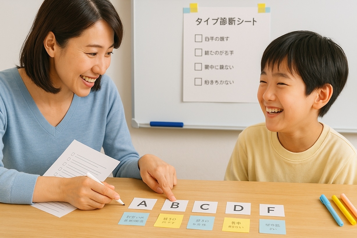 A〜Fのタイプ診断カードとチェックリストを見ながら、わが子の学習タイプを親子で確認しているイメージ