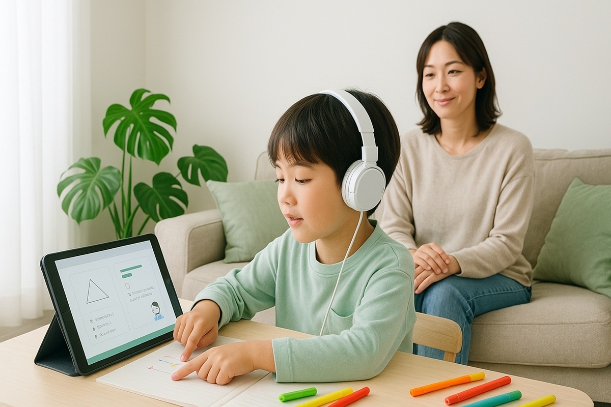 情報量をおさえた画面デザインの通信教育で、静かなコーナーで学ぶ小3・小4の子どもと、それを穏やかに見守る保護者