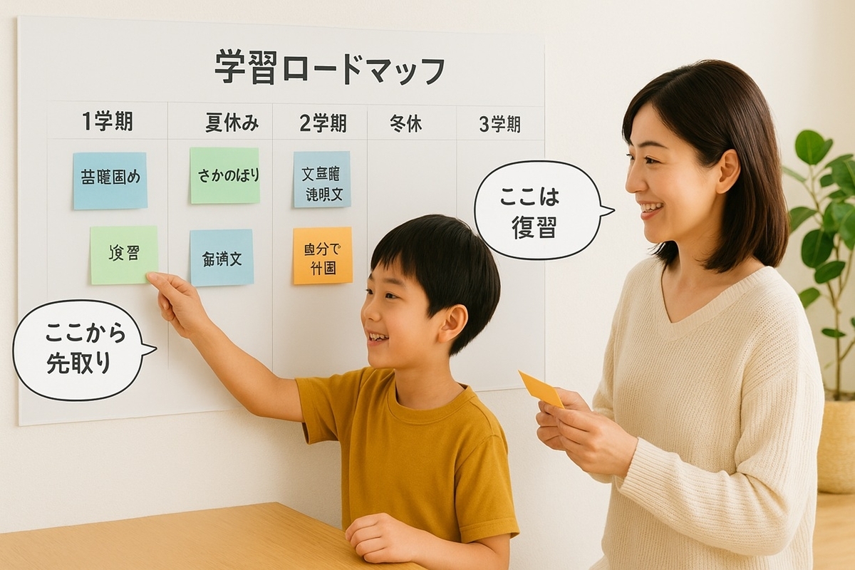 小3から小4への1年間ロードマップをボードに書き出し、基礎・復習・思考力・自学力のステップを親子で確認している様子