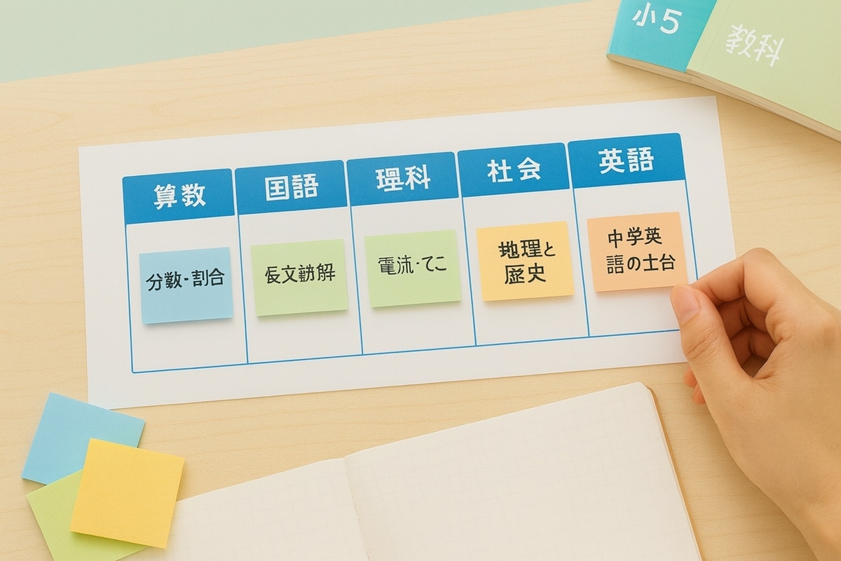 小5・小6でつまずきやすい算数・国語・理科・社会・英語の代表単元一覧ボード