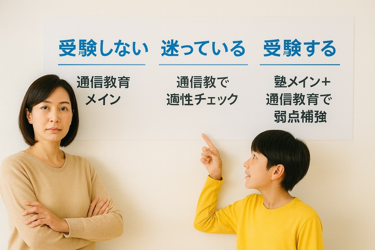 中学受験「しない／迷っている／する」による通信教育と塾の役割の違いを示した3パターンボード