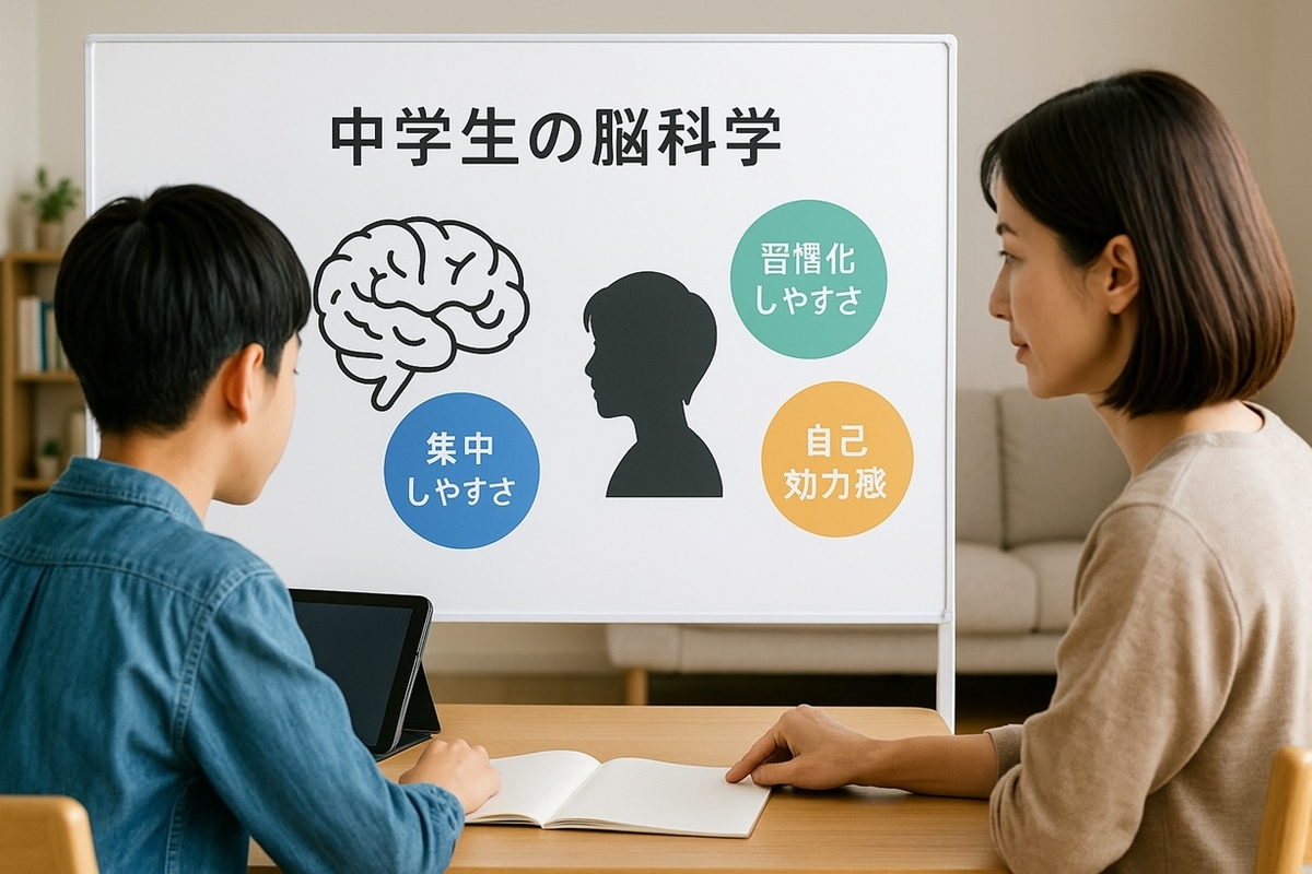 中学生の脳の特徴を意識した集中しやすさ・習慣化しやすさ・自己効力感の3条件を示した学習ボード