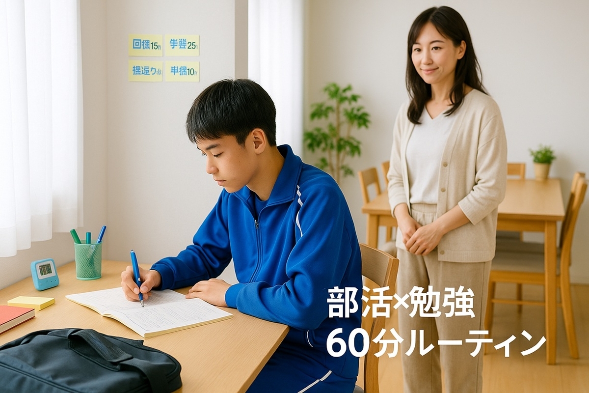 中学生が部活バッグのそばで机に向かい、保護者に見守られながら勉強する様子|部活と勉強を両立するための帰宅後60分ルーティンと家庭学習環境のイメージ