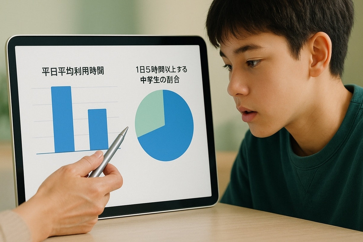 中学生のスマホ利用時間と1日5時間以上使う割合を示すグラフを親子で確認している様子