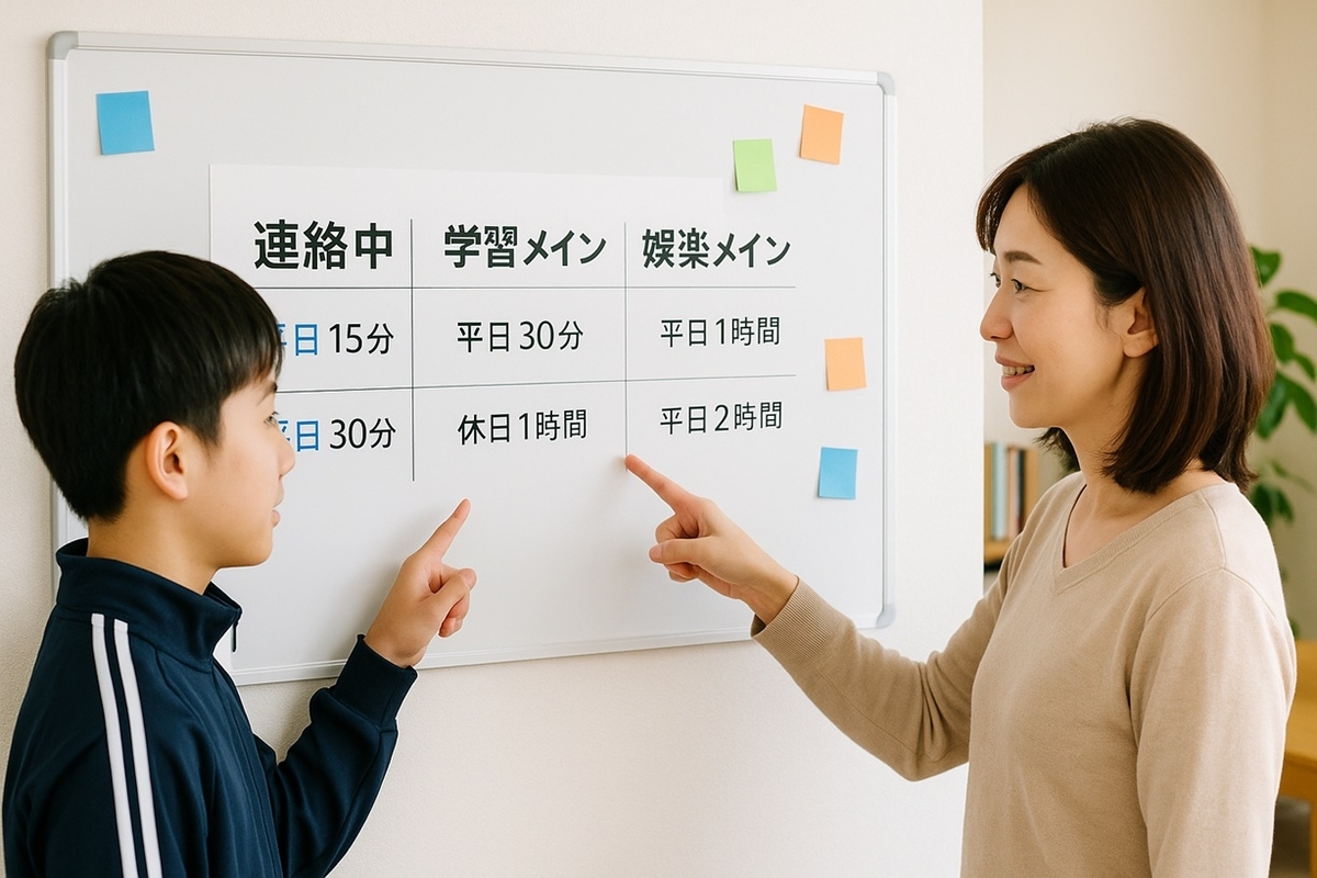 連絡中心・学習メイン・娯楽メインごとのスマホ時間の目安をホワイトボードで確認する親子
