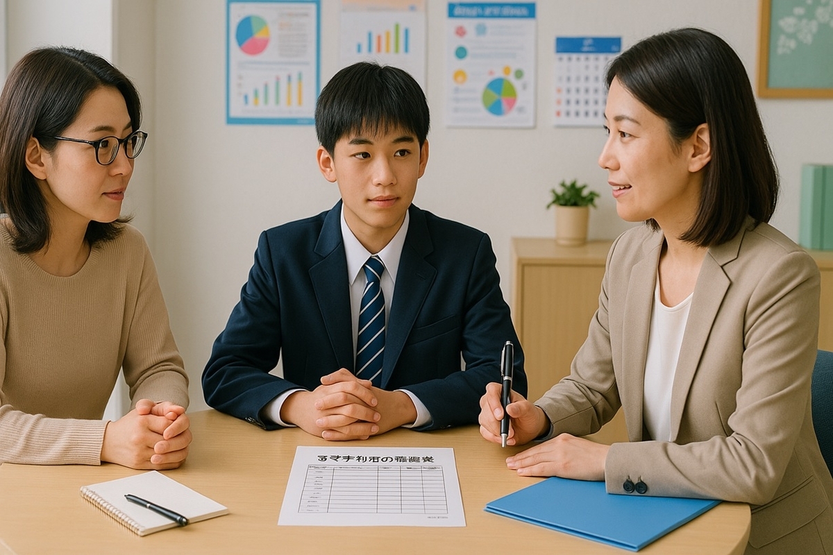 保護者と中学生が担任や専門職と一緒にスマホ利用の悩みを相談している様子