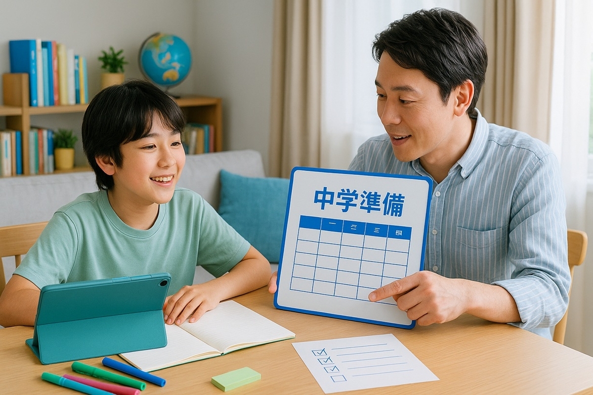 小学生高学年の子どもと保護者がリビングでタブレットとノートを使って中学準備の計画を立てている様子