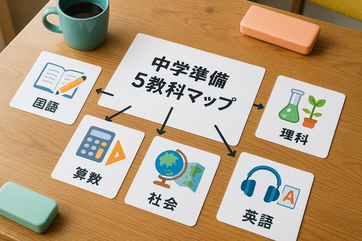 国語・算数・理科・社会・英語の5教科をアイコンとカードで示した中学準備マップのイメージ
