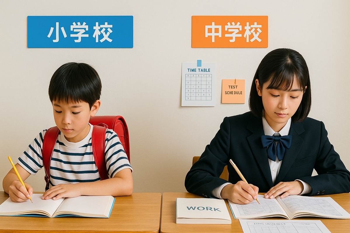 小学生と中学生がそれぞれの机で勉強している姿を左右に対比させた学習環境のイメージ