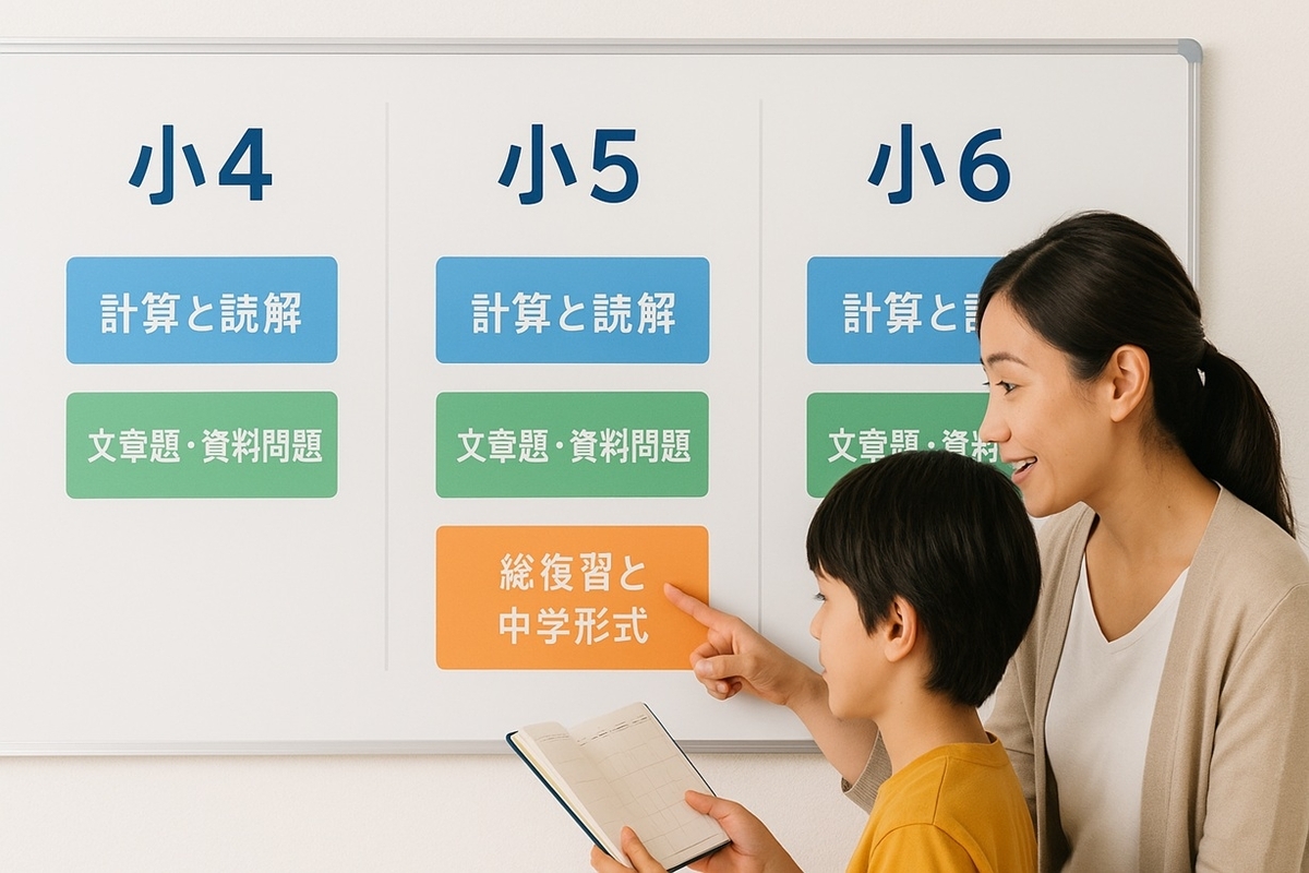 小4・小5・小6の学年別に中学準備のタスクカードを並べたホワイトボードを親子が見ている様子