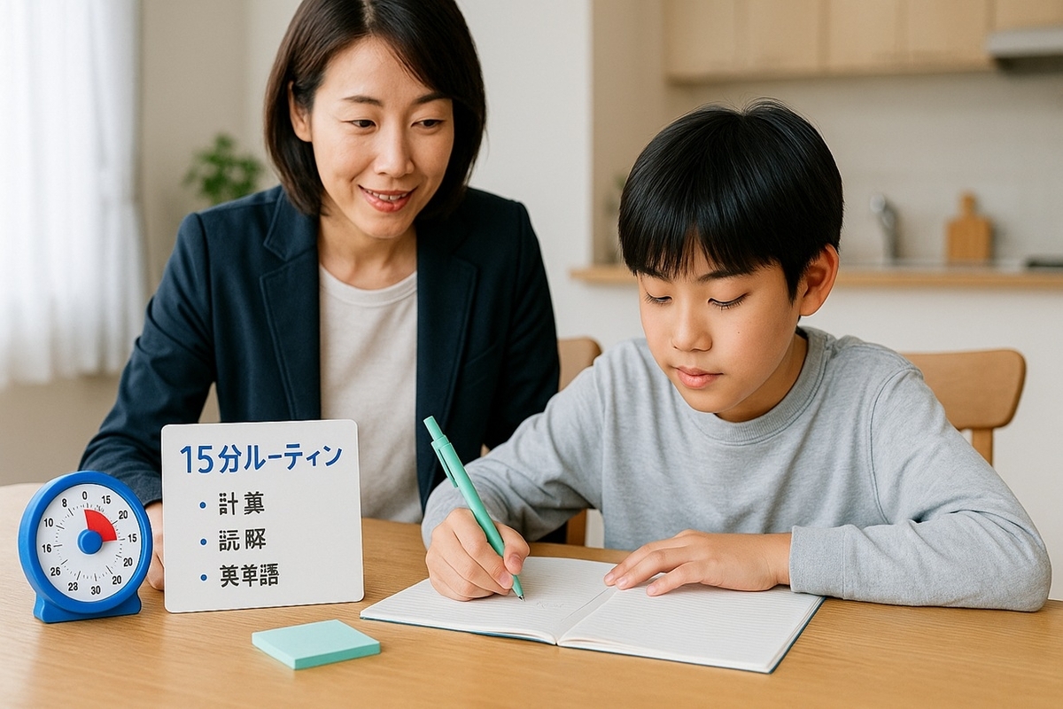 キッチンタイマーを使って15分の学習ルーティンに取り組む小学生高学年と見守る保護者