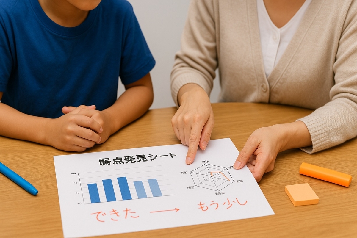 検定や模試の結果用紙を前に、グラフを見ながら弱点を親子で話し合っている様子