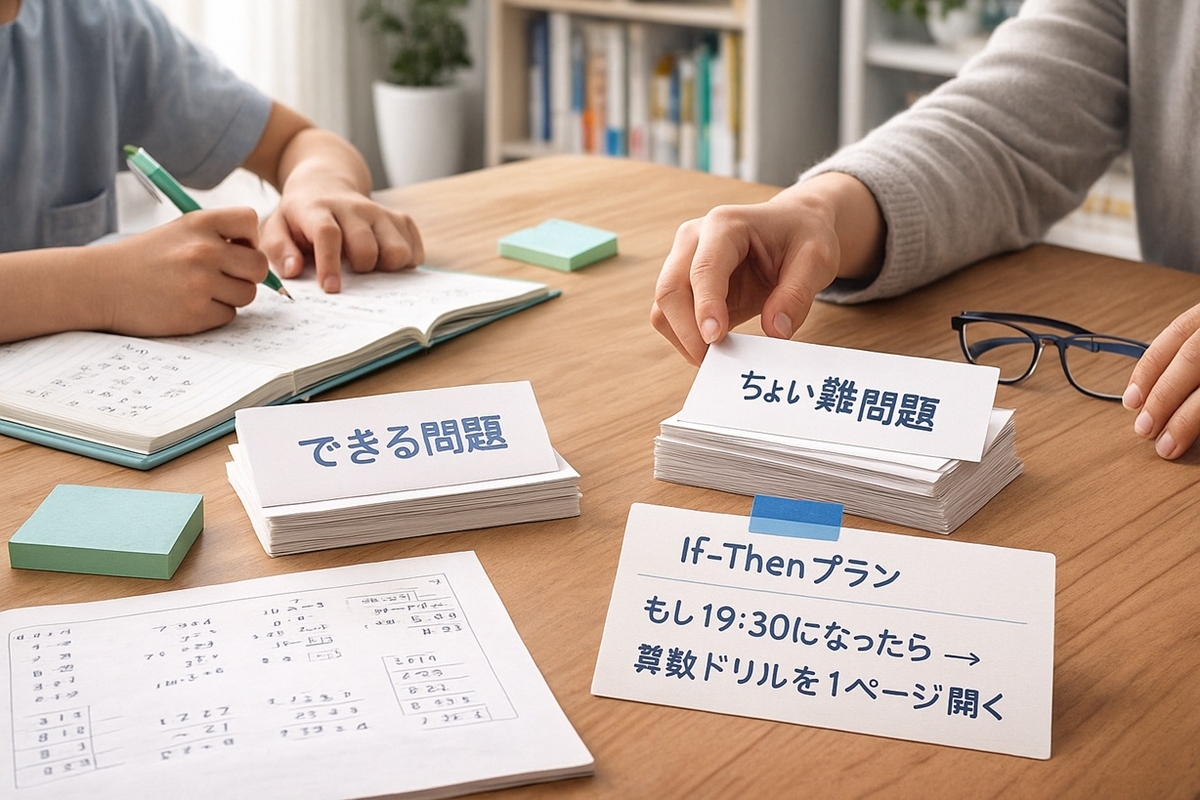 できる問題と少し難しい問題のカードを分けて置き、If-Thenメモを添えて学習の仕組みを作っているイメージ