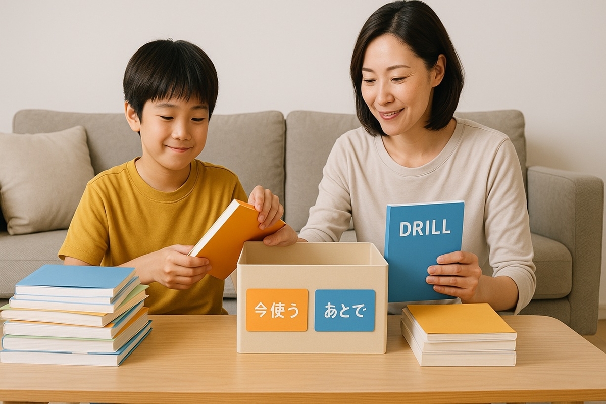 山積みの教材を「今使う」「あとで」「やめる」のボックスに整理し直す親子の様子