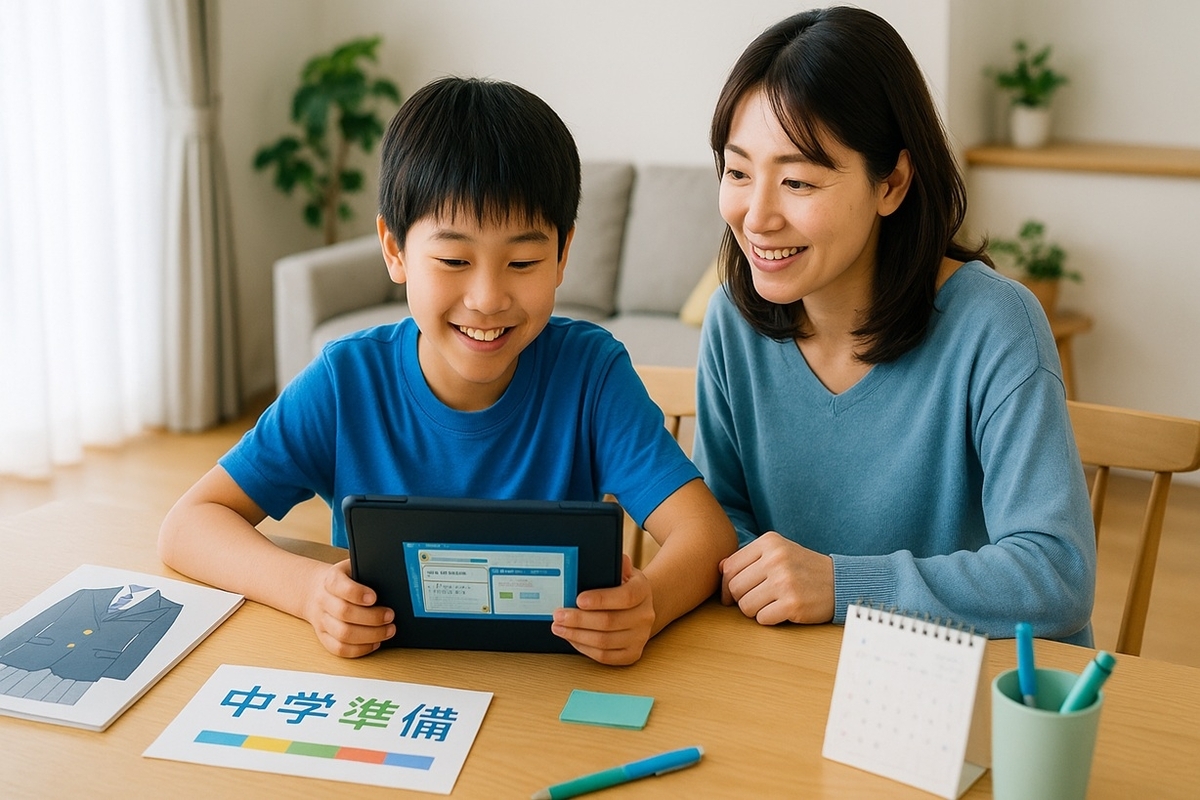 小5・小6の子どもがタブレットで中学準備の通信教育に取り組み、保護者と一緒に相談しているリビングの様子