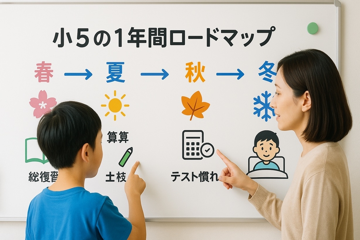 春・夏・秋・冬の4フェーズに分けた小5の中学準備ロードマップをホワイトボードで確認する親子