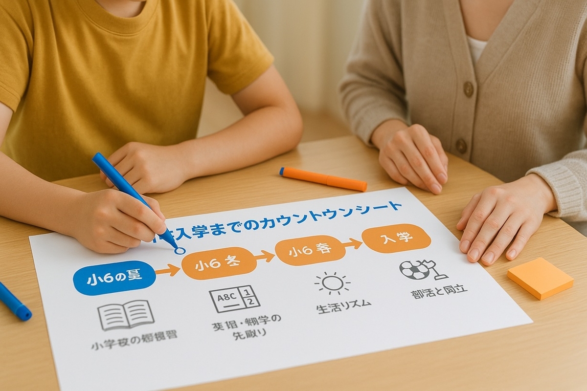 中学入学までのカウントダウンシートを見ながら、小6の今やるべき中学準備を確認する親子