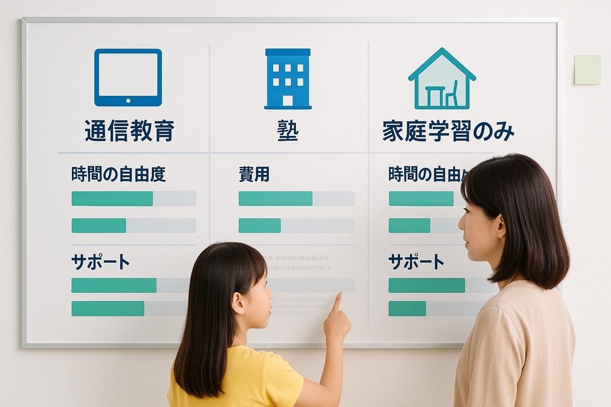 通信教育・塾・家庭学習のみの3パターンをボードで比較し、自分の家庭に合う学習スタイルを検討する親子