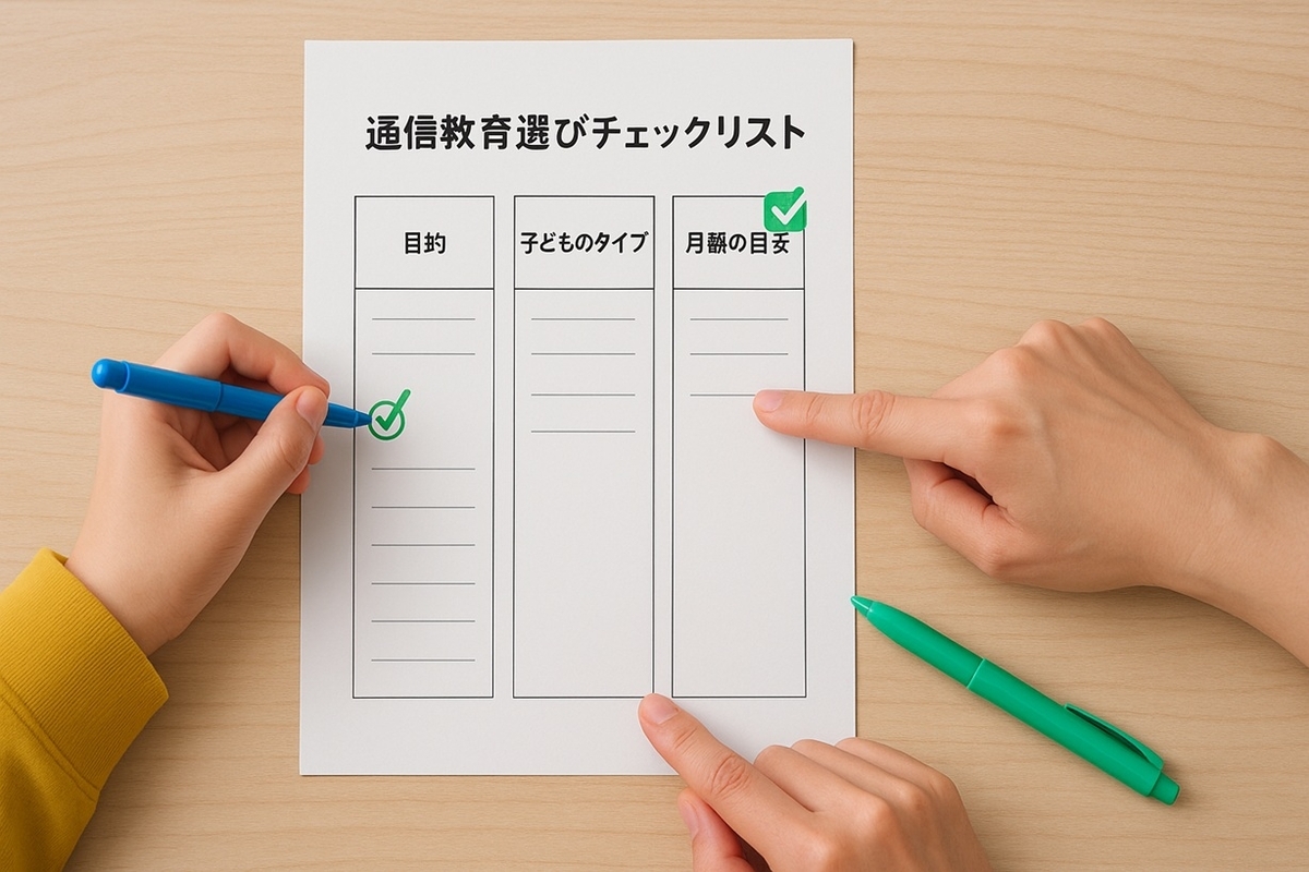 目的・子どものタイプ・月額の目安を整理する通信教育選びチェックリストを、親子で一緒に確認している場面