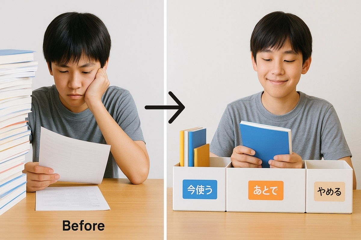 通信教育や教材が山積みで疲れている子どもと、教材を整理して必要なものだけに絞りホッとした表情の子どものビフォーアフター
