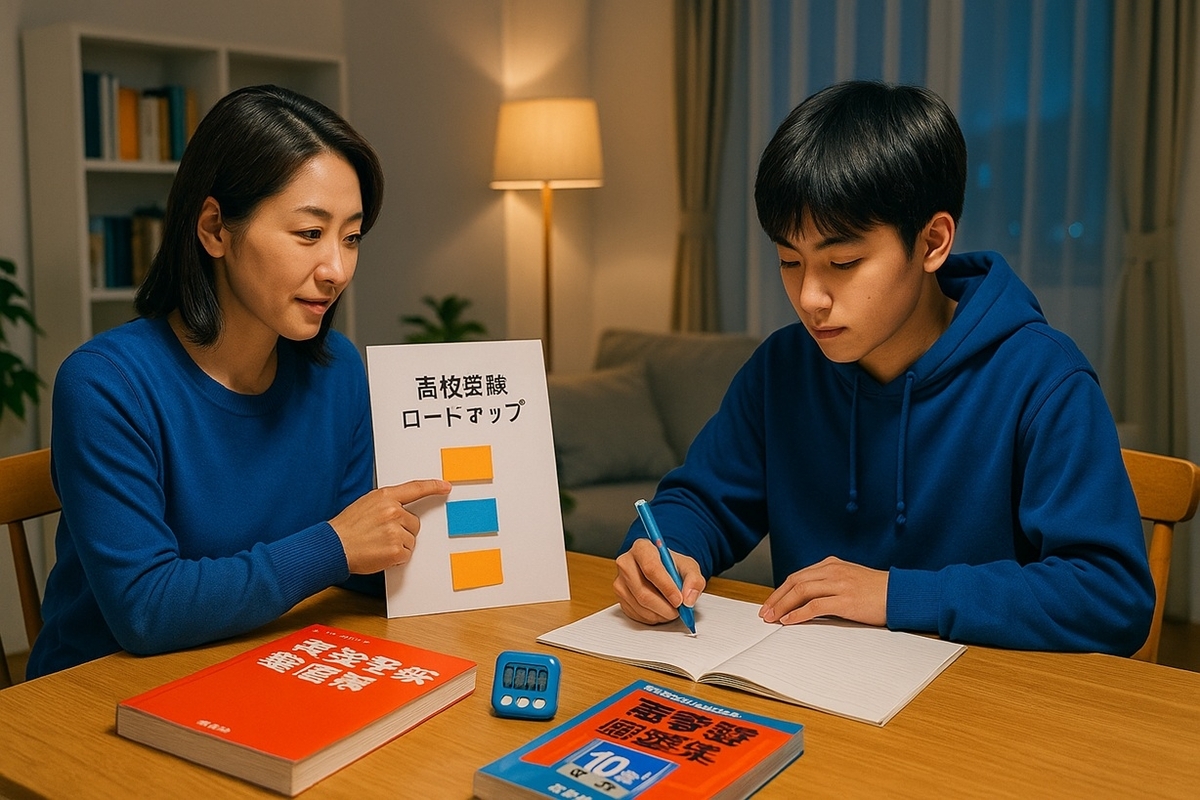 高校受験のロードマップを親子で相談しながら勉強計画を立てている中学生と保護者の様子