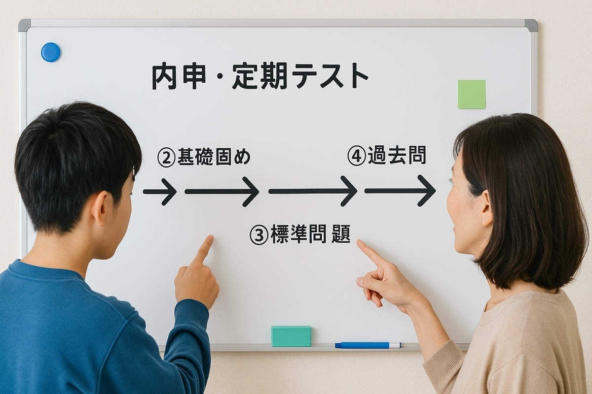 高校受験の成績が伸びる5つの学習ステップをホワイトボードで確認している中学生と保護者