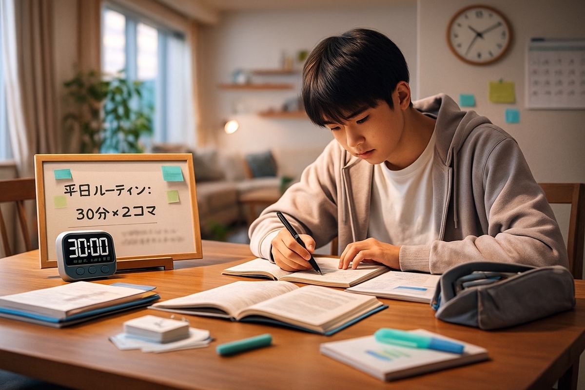 中学生がタイマーを使って平日の勉強ルーティンを回しているリビング学習の様子