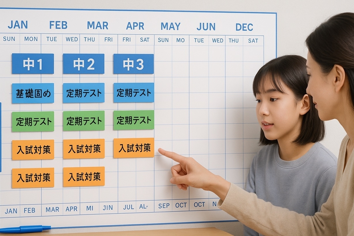 中1から中3までの高校受験ロードマップをカレンダーに色分けして計画する親子
