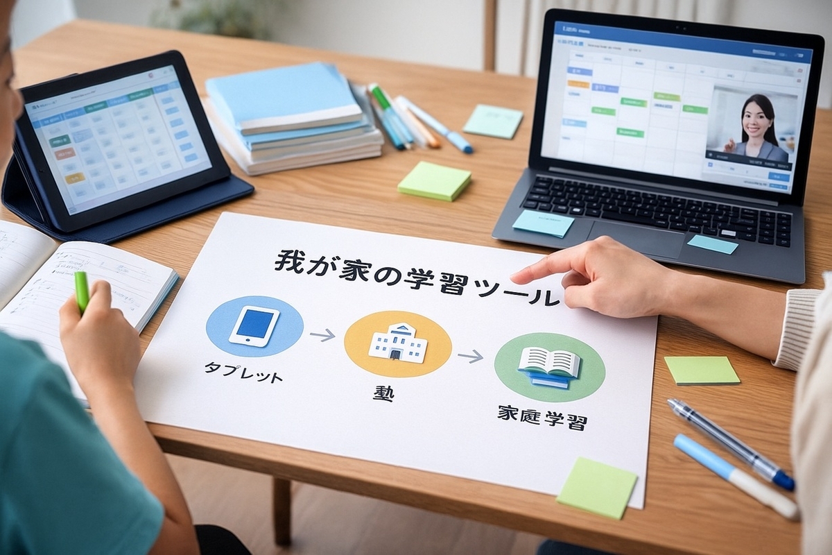 通信教育やオンライン塾と家庭学習ツールをテーブル上で比較しながら選んでいる親子