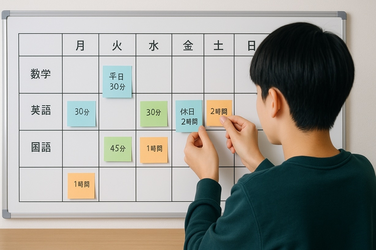 高校受験に向けた1週間の勉強スケジュールを付箋で組み立てている中学生