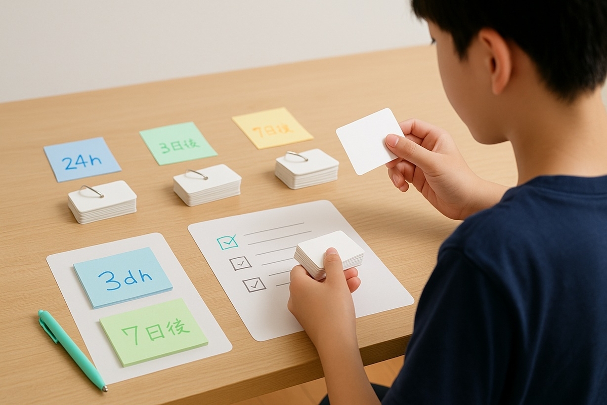 24時間後・3日後・7日後に分けた単語カードを復習している中学生