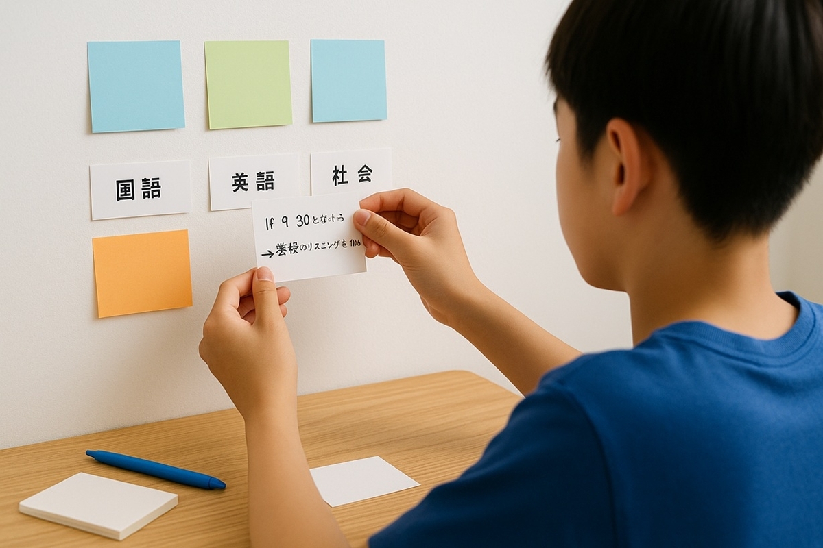 If-Thenプランを書いたメモカードを壁に貼る中学生